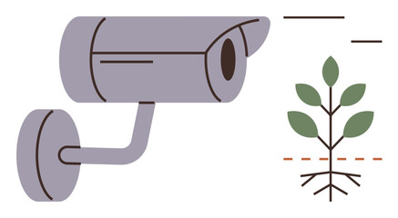 Camera observing a plant with roots suggests growth monitoring, security, sustainability, environmental care, eco-surveillance, agriculture, and plant preservation themes. Simple flat metaphor
