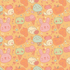 A whimsical and delightful pattern featuring adorable cartoon characters, including bunnies, cats, ice cream cones, pumpkins, and mushrooms, set against a warm, inviting orange background.