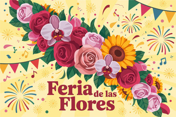 Feria de las Flores floral poster, climbing roses and sunflowers around text, Colombian flower celebration, festive vector design  