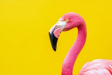 Vibrant pink flamingo set against a bright yellow background for a striking visual contrast