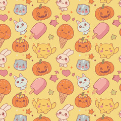 A delightful seamless pattern featuring adorable kawaii animals, cheerful pumpkins, and sweet treats on a vibrant yellow background.