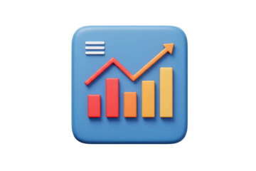 3D business graph icon with upward red arrow and bars, financial data concept on transparent background.