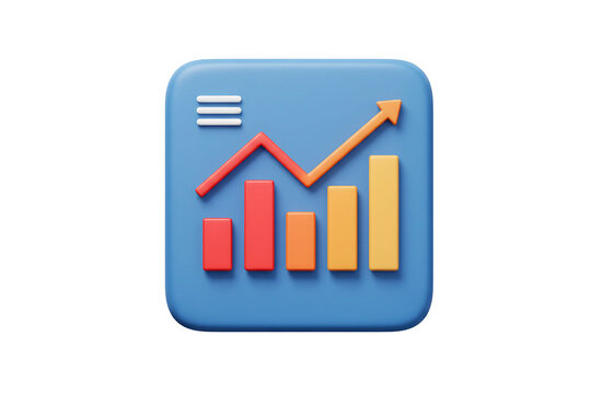 3D business graph icon with upward red arrow and bars, financial data concept on transparent background.