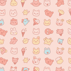 A charming and whimsical seamless pattern featuring adorable cartoon animal faces, ice cream cones, and stars in a delightful pastel color palette, perfect for various design projects.