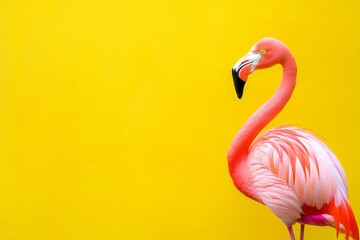 A vibrant pink flamingo stands out against a bright yellow background, evoking tropical vibes