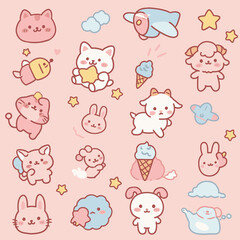 Obraz premium Adorable collection of kawaii-style animal and object illustrations arranged on a soft pink background, perfect for adding a touch of whimsy to any design project.
