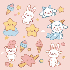 Adorable Kawaii characters including bunnies, goats, stars, and ice cream cones on a soft pink background.