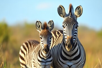 Plains zebra with its foal standing together, facing the camera in their natural habitat setting