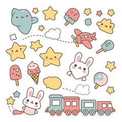 Obraz premium Adorable kawaii style illustration featuring cute cartoon animals, stars, clouds, ice cream, and a train for children's designs.