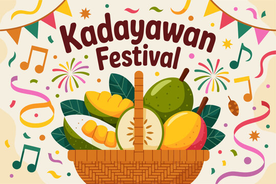 Kadayawan festival fruit basket illustration, tropical harvest celebration, music notes and confetti, Philippines culture vector  