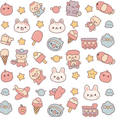 Charming kawaii illustration featuring a delightful assortment of cute cartoon characters, toys, and sweet treats in soft pastel colors, perfect for children's designs.