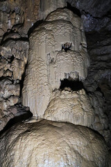 Stunning view of the New Athos stalactite cave in Abkhazia, Georgia. The limestone formations,...