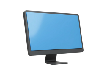 Flat screen LED monitor with glowing blue screen, transparent background for tech branding and UI design elements.