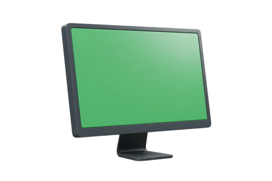 Widescreen desktop monitor with green screen effect, isolated on transparent background for mockups and tech product presentations.