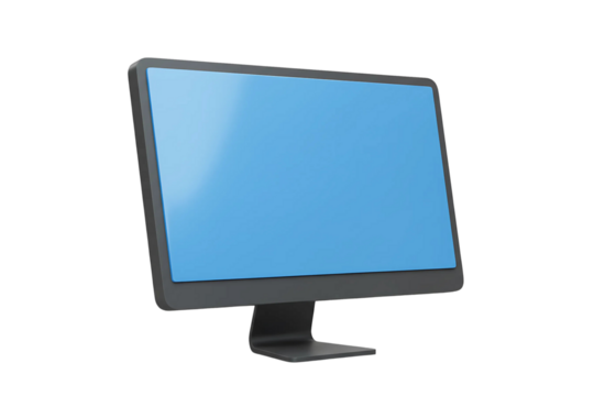 Flat screen LED monitor with glowing blue screen, transparent background for tech branding and UI design elements.