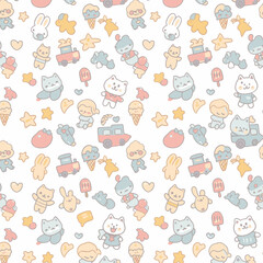 Charming pastel pattern featuring cute cartoon animals, ice cream, and toys, perfect for children's products and designs.