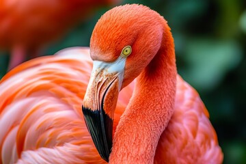 Detailed close up of a pink flamingo bird showcasing its vibrant feathers and unique features