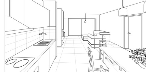 interior kitchen living room 3d illustration	
