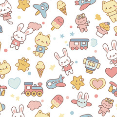 Adorable kawaii cartoon animals and toys create a cheerful, playful seamless pattern with pastel colors on a white background.
