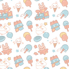 A charming, repeating pattern features adorable cartoon bunnies riding toy trains, enjoying ice cream cones, and surrounded by whimsical stars and pastel-colored treats on a white background.