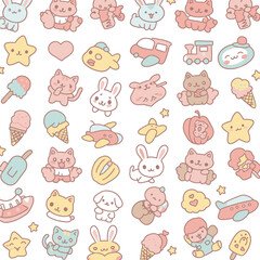 Adorable kawaii characters including cute animals, ice cream, and toys, presented in a playful and colorful pattern on a white background.