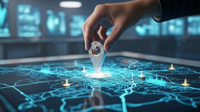 A hand places a location pin on a digital map with glowing network lines, representing navigation, urban exploration, and technological innovation