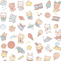 A charming seamless pattern featuring adorable pastel cartoon cats, rabbits, and various playful objects, perfect for children's designs and decorative backgrounds.