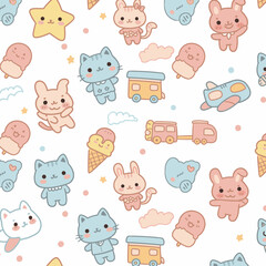 Adorable kawaii pattern featuring cute cartoon cats, bunnies, stars, ice cream, and airplanes on a white background.