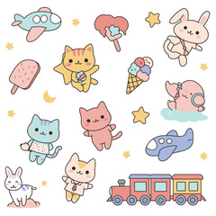 A delightful collection of cute kawaii cartoon animals, vehicles, and sweet treats in a playful pastel color palette, perfect for children's designs.