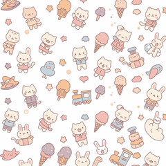 A whimsical pattern showcases adorable cartoon kittens, bunnies, and ice cream cones scattered across a clean white background, creating a playful and delightful design.