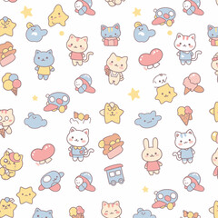 A whimsical seamless pattern features cute cartoon cats, stars, clouds, hearts, and other adorable elements on a white background, perfect for children's designs.