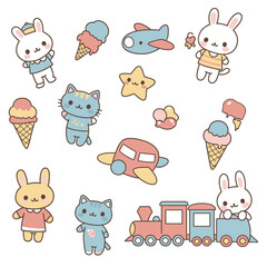 Cute Kawaii cartoon characters including bunnies, cats, ice cream, airplanes, and a train, perfect for children's designs.