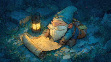 Whimsical Gnome Reading a Map by Lantern Light at Night