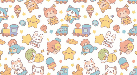 Charming pastel pattern featuring cute kawaii animals, trains, stars, and ice cream, perfect for children's designs.