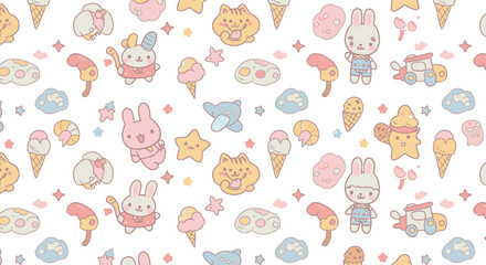 A whimsical pattern featuring adorable cartoon bunnies, ice cream cones, stars, and other cute elements in a pastel color palette, perfect for children's designs.