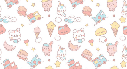 A delightful seamless pattern featuring an array of adorable pastel-colored cartoon animals, sweet treats, and playful objects on a clean white background.