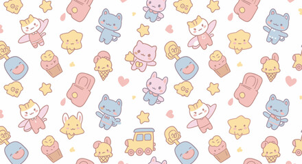 Charming pastel pattern featuring cute kawaii cats, stars, ice cream, and toys on a white background.