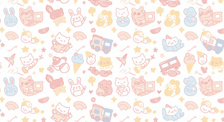 Delightful seamless pattern showcasing cute cartoon animals and whimsical elements like stars, rainbows, and ice cream in gentle pastel hues on a clean white background.