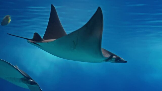 Stingrays in huge aquarium at oceanarium. Observing the life of animals 