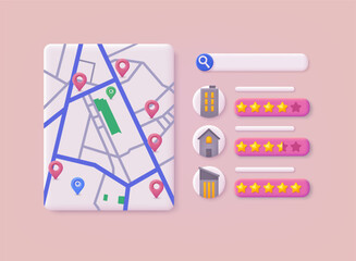 Location rating and home rental. Rating or real estate review concept. Property appraisal or price evaluation, housing assessment for market value, residential sale. 3D Web Vector Illustrations.