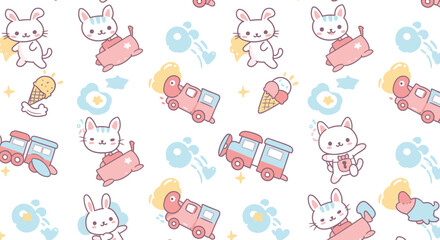 Adorable cartoon animals like bunnies and cats, with trains and ice cream cones, create a whimsical and playful seamless pattern.
