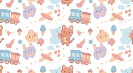 A whimsical seamless pattern featuring adorable pastel cartoon trains, bunnies, and ice cream on a clean white background, perfect for children's designs.