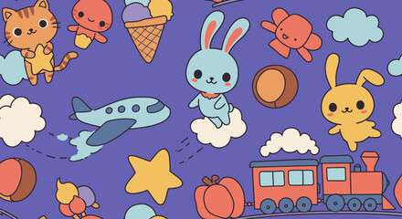 A delightful cartoon illustration features various cute characters, including a cat, bunnies, ice cream, a plane, and a train, all set against a vibrant purple background.