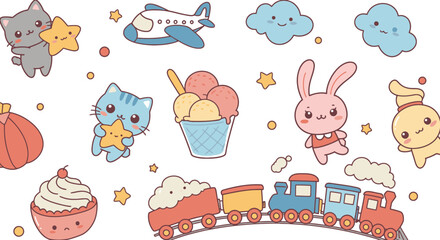 A delightful and colorful collection of cute cartoon illustrations featuring various animals, food items, and transportation elements, perfect for children's designs.