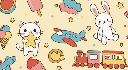 Cute cartoon animals and toys like a cat, bunny, train, and airplane create a playful and whimsical pattern on a soft yellow background.