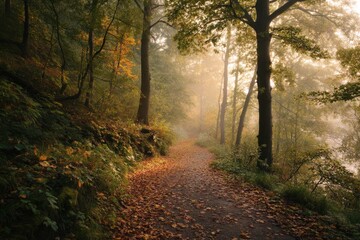 Obraz premium Misty autumn trail winding through a serene forest at sunrise