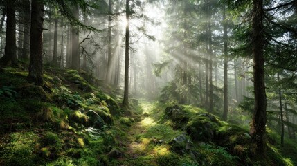 Fototapeta premium Sunbeams piercing a misty forest path