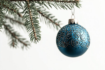 a blue christmas ornament hanging from a tree