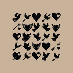 Obraz premium A captivating collection of silhouettes featuring birds and hearts in various poses and arrangements, set against a subtle beige background. This charming design symbolizes love and freedom, making it