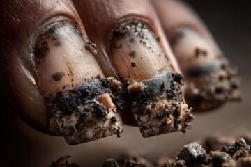 Fototapeta premium Close-up view of dirt-coated nails revealing artistic detail and texture on a wooden surface